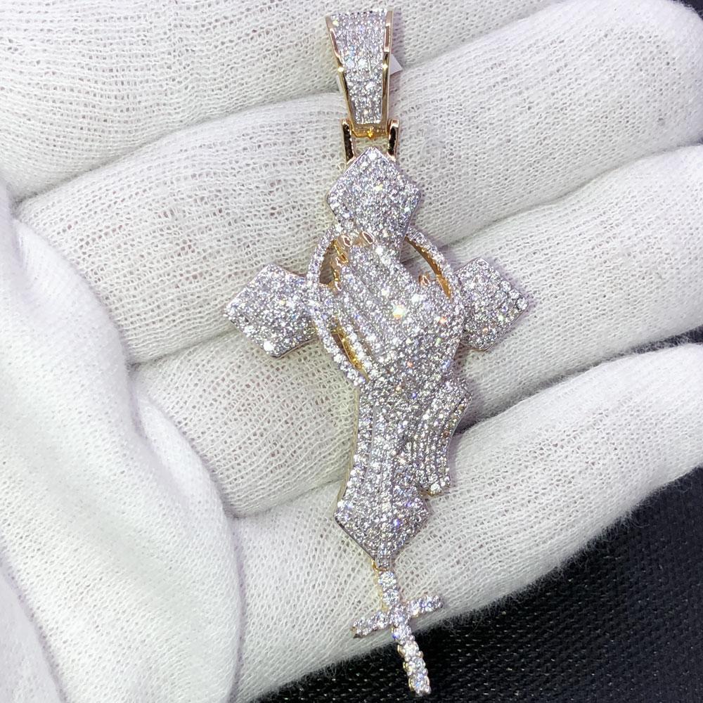 Pointed Prayer Cross VVS CZ Iced Out Pendant Yellow Gold HipHopBling