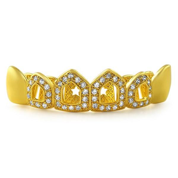 Polished 4 Open Tooth CZ Bling Bling Gold Grillz Top Teeth HipHopBling