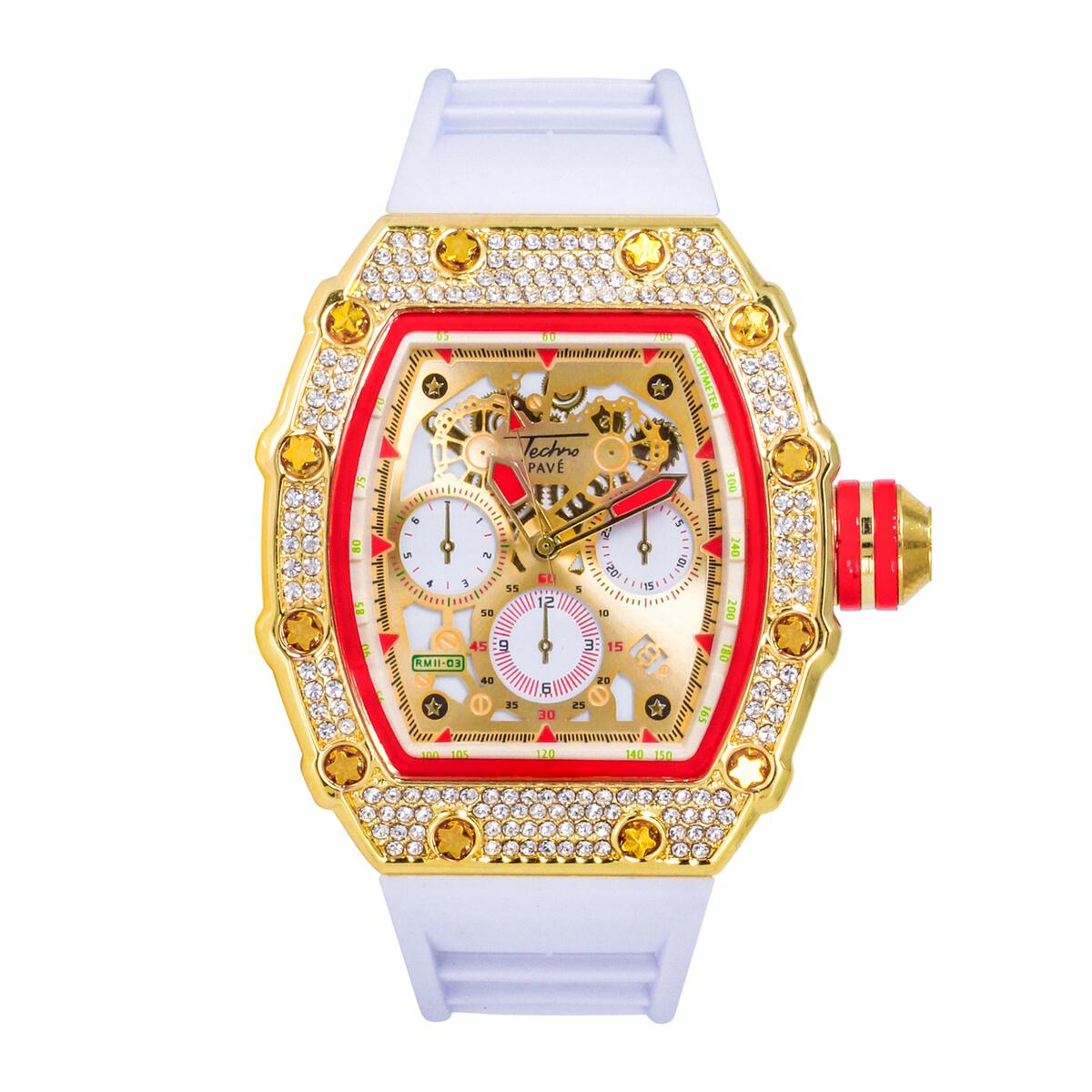 Popular Red Trim Iced Out Hip Hop Watch Silver/Black Band HipHopBling