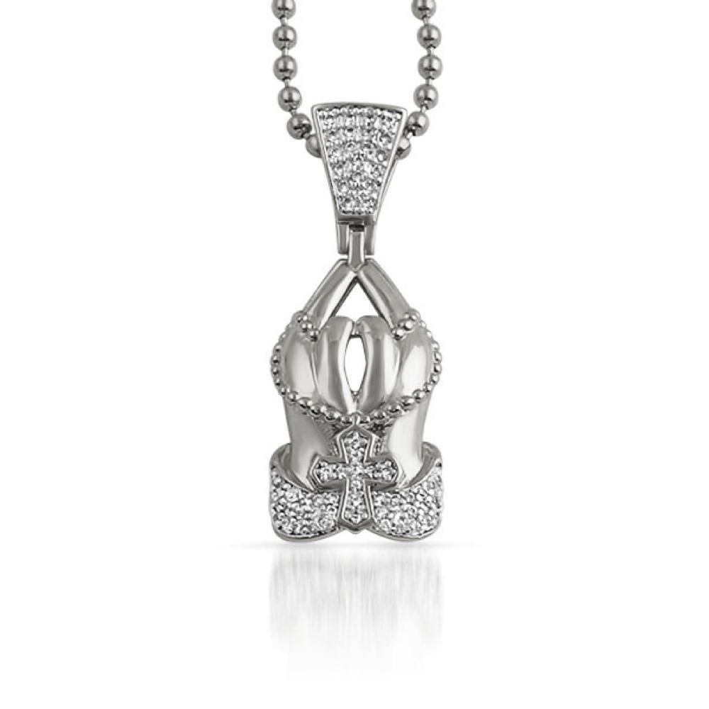 Prayer Hands Cross CZ Polished Bling Pendant Rhodium Pendant Only HipHopBling