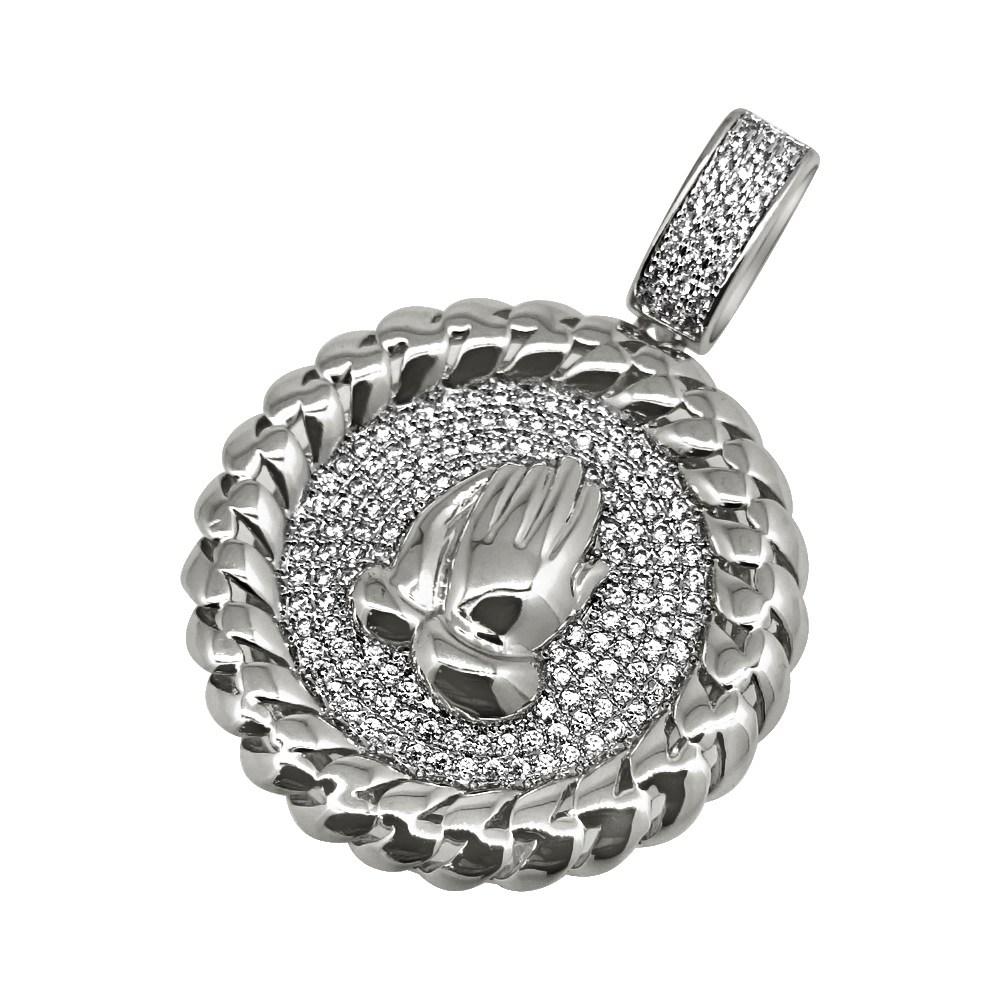 Prayer Hands Rhodium Cuban CZ Bling Pendant Pendant Only HipHopBling