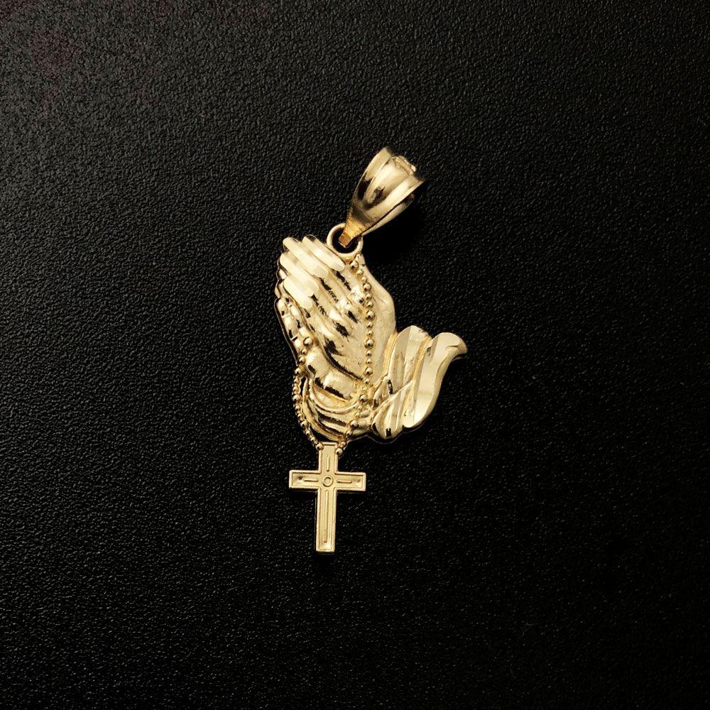 Praying Hands Cross Small 10K Yellow Gold Pendant HipHopBling