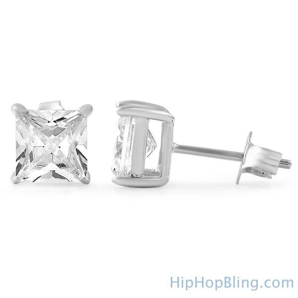 Princess Cut CZ Stud Earrings .925 Silver HipHopBling