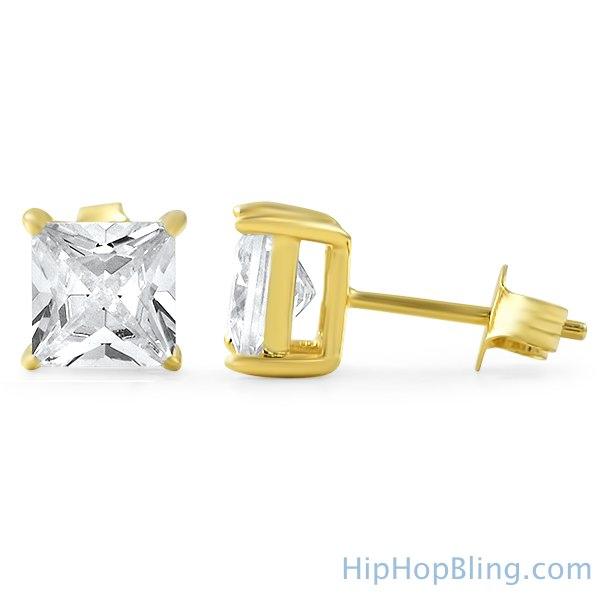 Princess Cut CZ Stud Earrings Gold .925 Silver HipHopBling