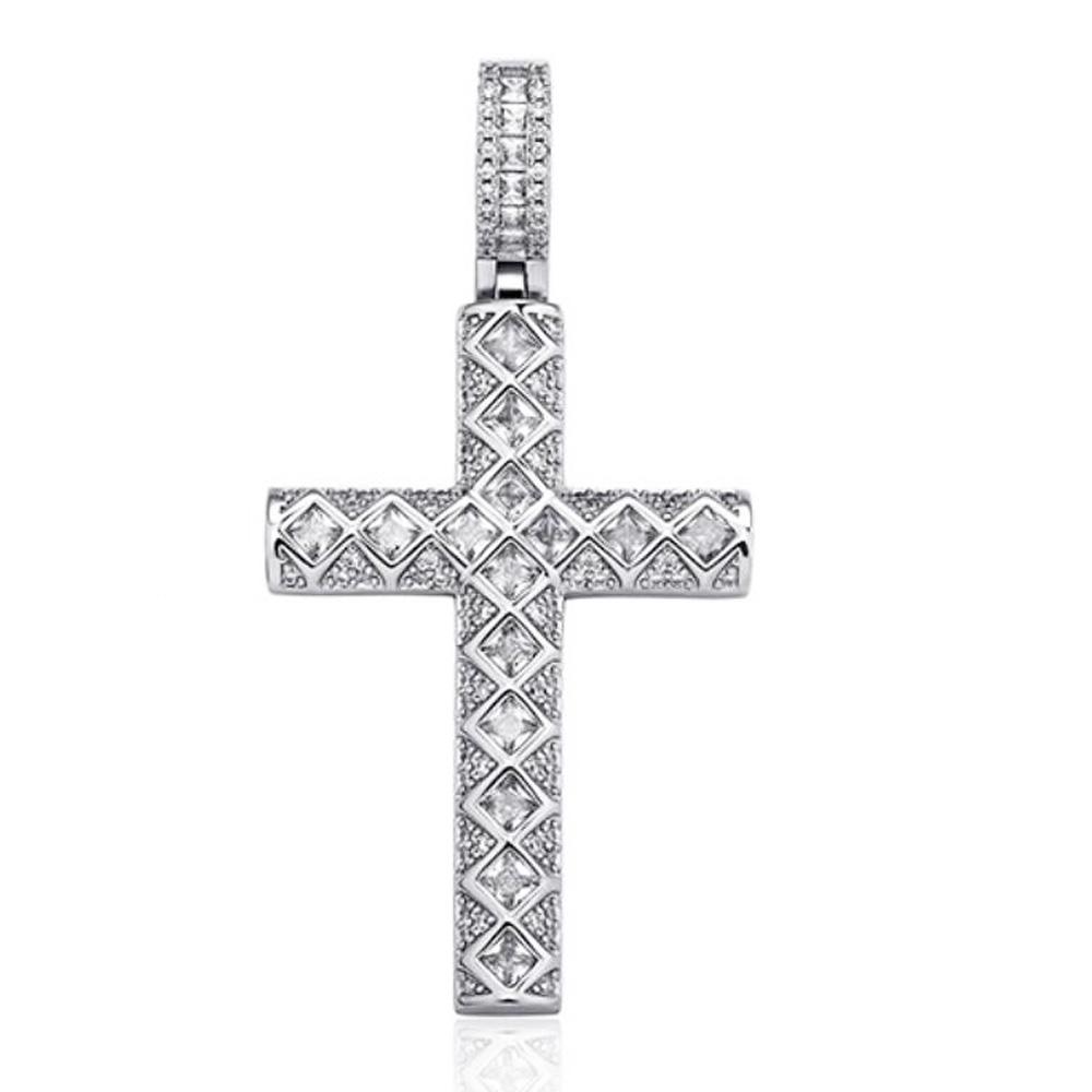 Princess Diagonal Cross CZ Iced Out Hip Hop Bling Pendant White Gold HipHopBling