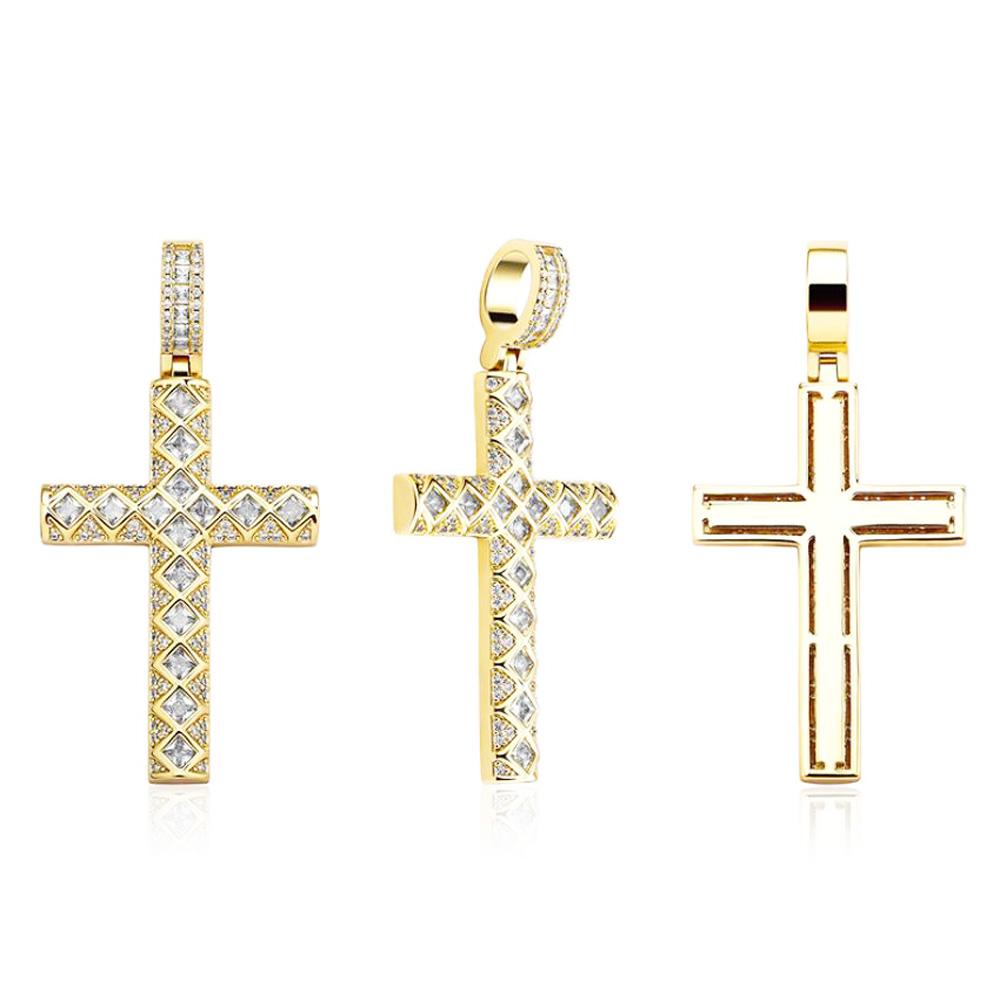 Princess Diagonal Cross CZ Iced Out Hip Hop Bling Pendant White Gold HipHopBling