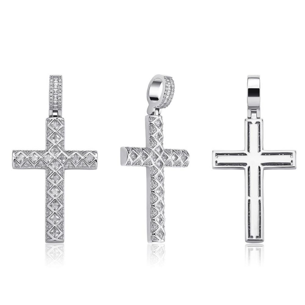 Princess Diagonal Cross CZ Iced Out Hip Hop Bling Pendant White Gold HipHopBling