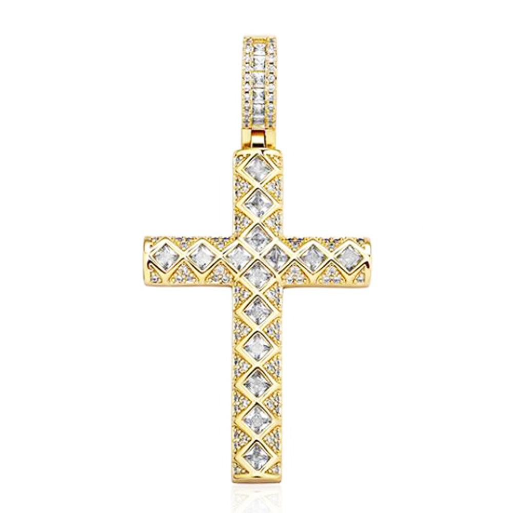 Princess Diagonal Cross CZ Iced Out Hip Hop Bling Pendant Yellow Gold HipHopBling