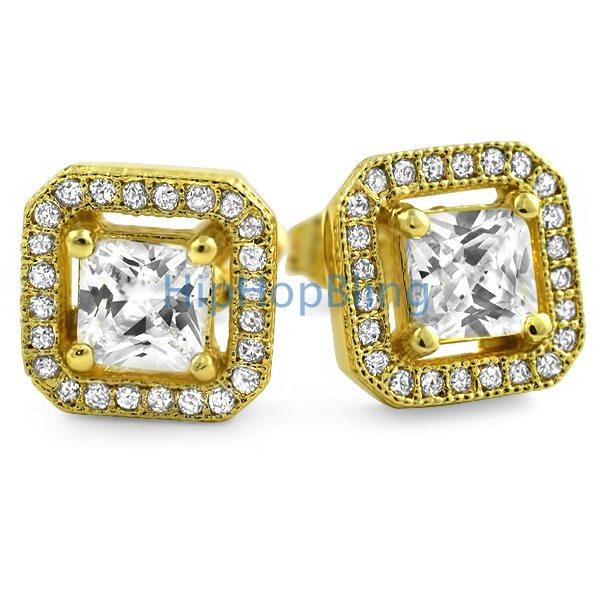 Princess Ice Island Micro Pave Iced Out Earrings Yellow Gold HipHopBling