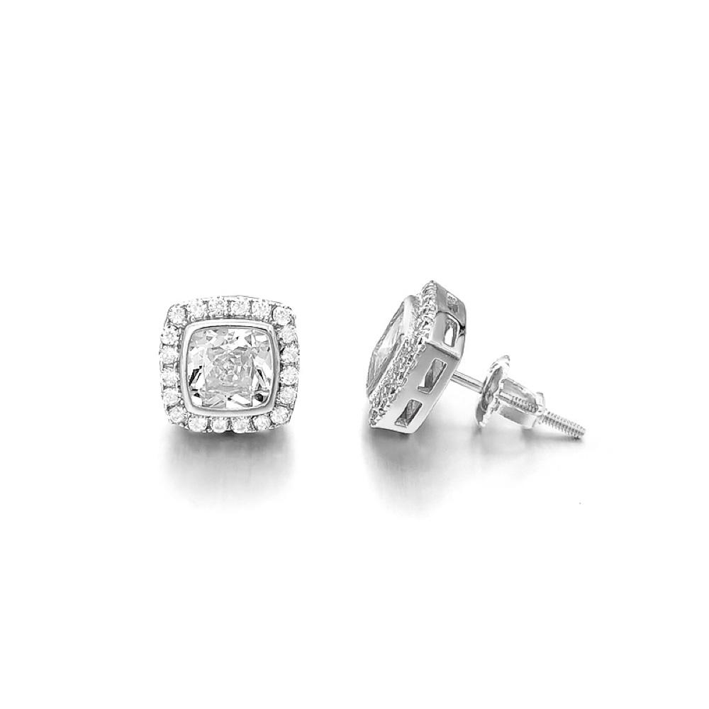 Princess Pave Border CZ Iced Out Earrings .925 Silver White Gold HipHopBling