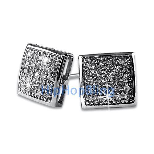 Puffed Box Medium CZ Micro Pave Earrings .925 Silver HipHopBling