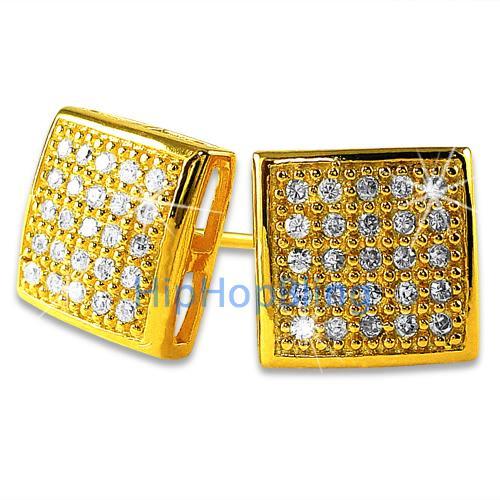 Puffed Box Medium Gold Vermeil CZ Micro Pave Earrings .925 Silver HipHopBling