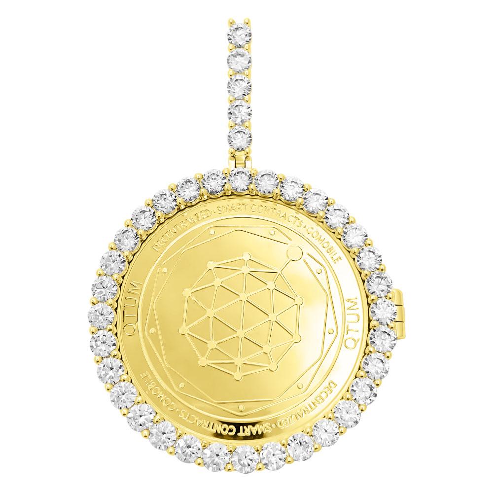 QTUM Coin Iced Out Frame Pendant Yellow Gold Tennis CZ Frame HipHopBling