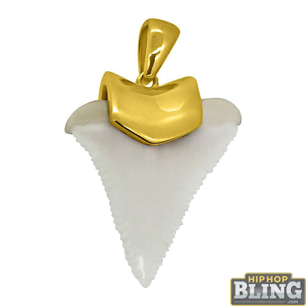 Real Shark Tooth Pendant .925 Sterling Silver White Gold HipHopBling