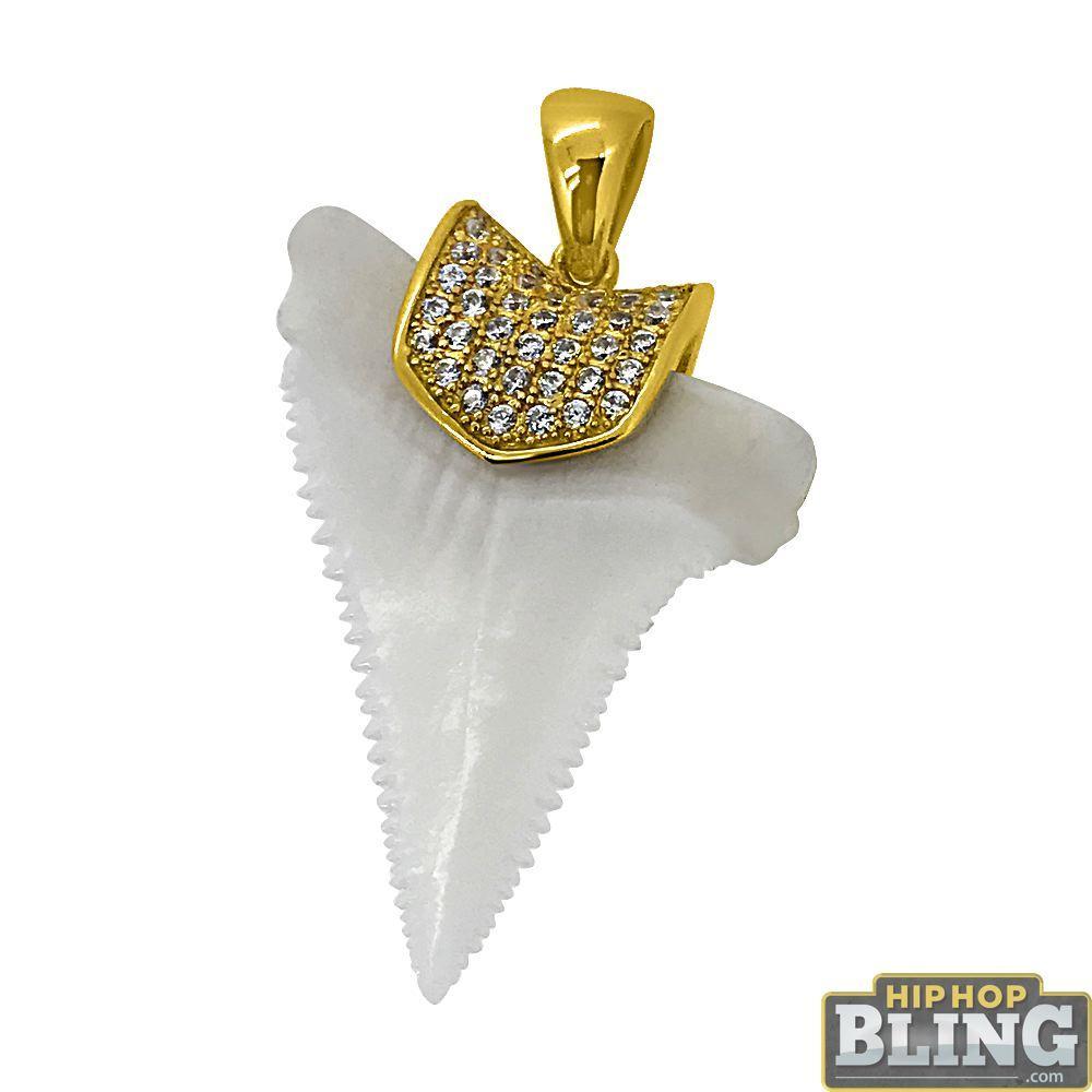 Real Shark Tooth Pendant with CZ Holder .925 Sterling Silver Yellow Gold HipHopBling