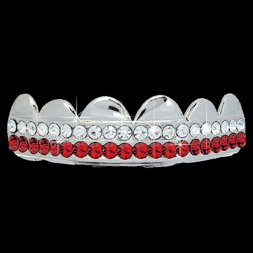 RED / CLEAR Double Bar SILVER Iced Out Grillz Hip Hop Bling Grills TOP HipHopBling