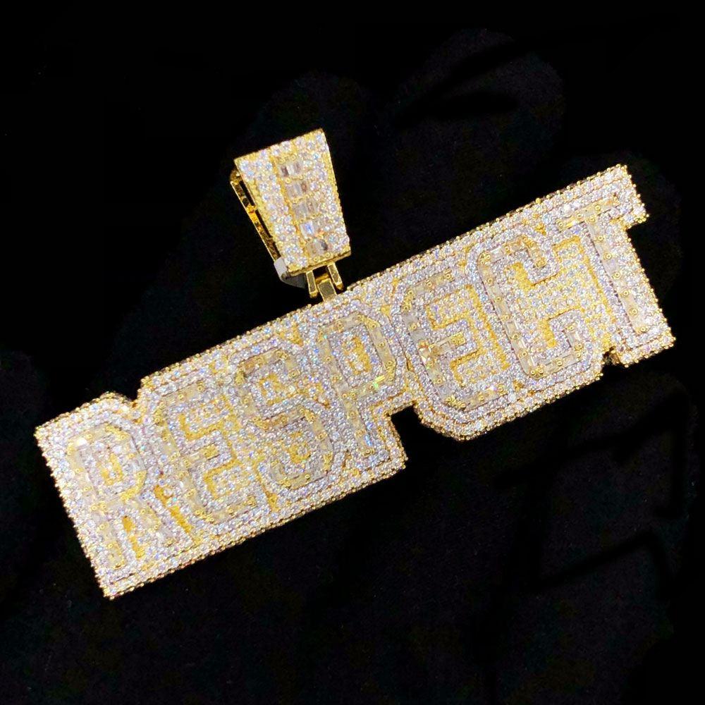 RESPECT Baguette Plaque VVS CZ Hip Hop Iced Out Pendant Yellow Gold HipHopBling