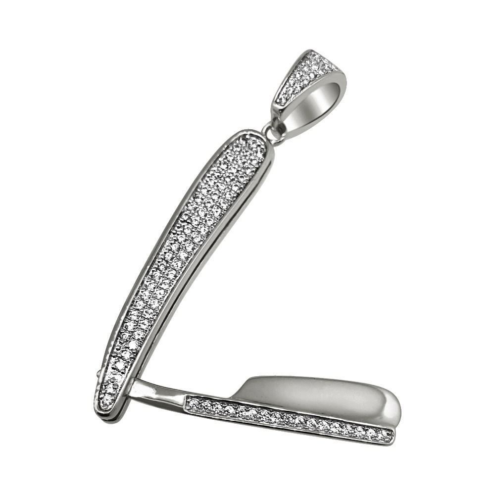 Rhodium Barber Razor CZ Bling Bling Pendant HipHopBling