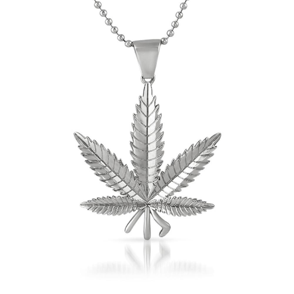 Rhodium Marijuana Pot Leaf Detailed Pendant HipHopBling