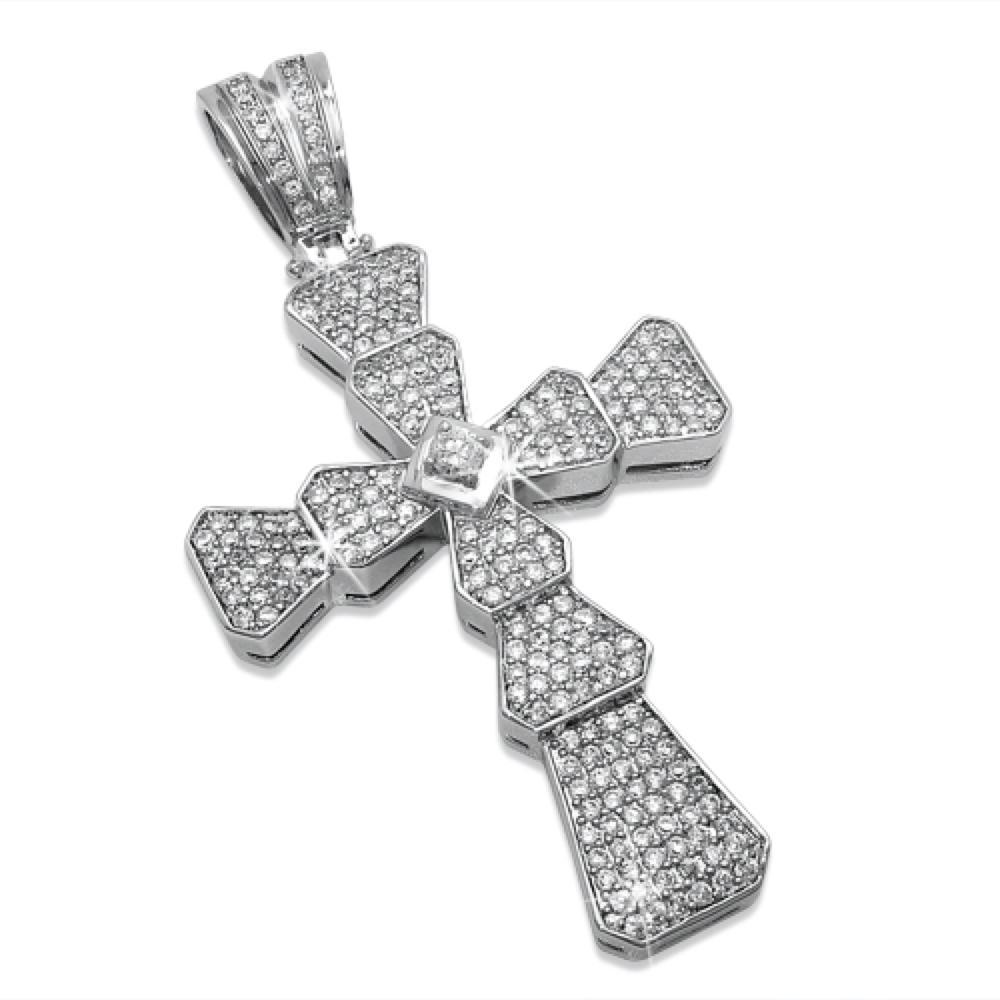 Ribbed Cross with Centerstone CZ Micro Pave Pendant HipHopBling