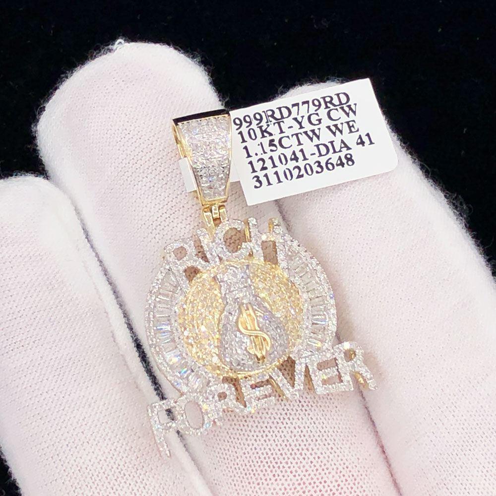 Rich Forever Money Bag Baguette Diamond Pendant 1.15cttw 10K Yellow Gold HipHopBling