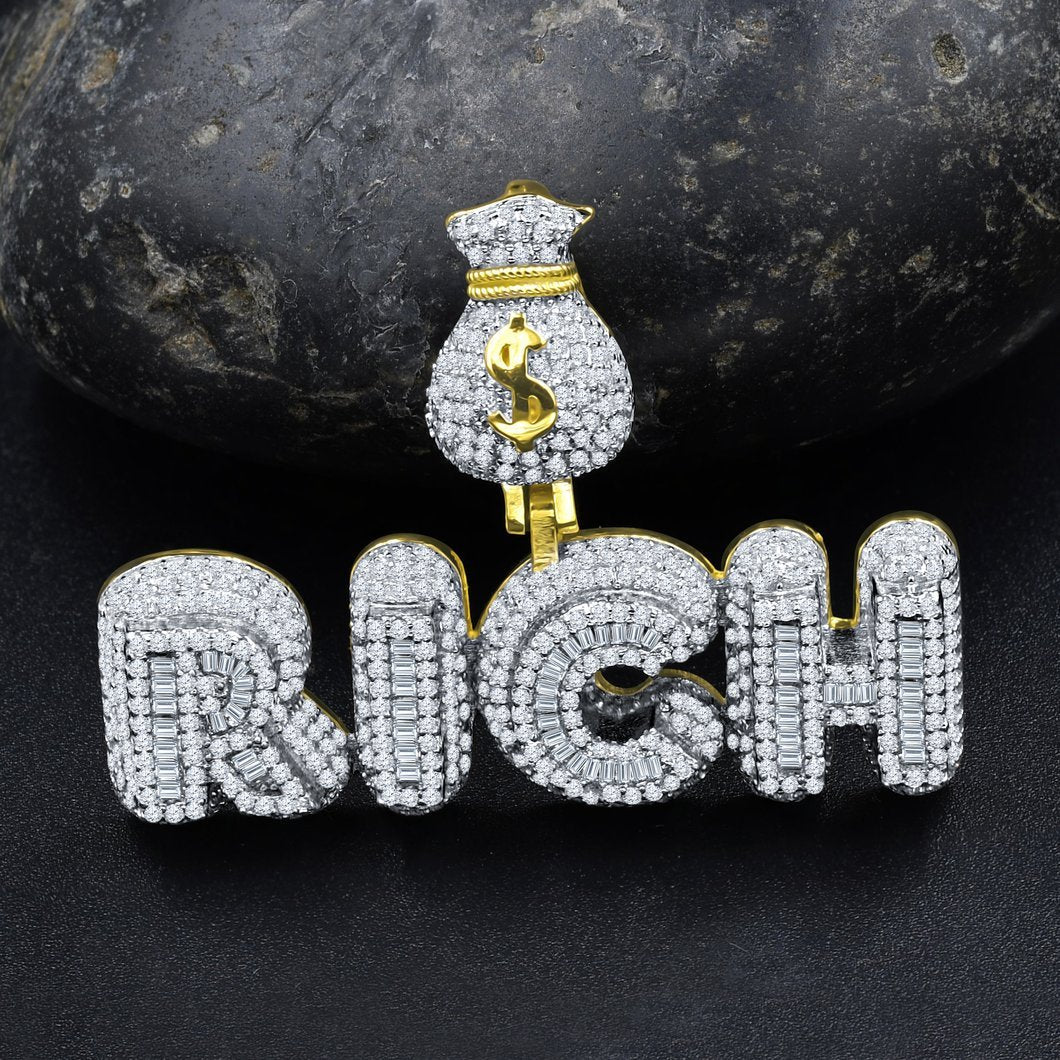 RICH Money Bag CZ Iced Out Pendant .925 Sterling Silver Yellow Gold HipHopBling