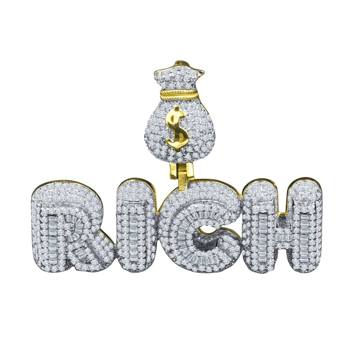 RICH Money Bag CZ Iced Out Pendant .925 Sterling Silver Yellow Gold HipHopBling