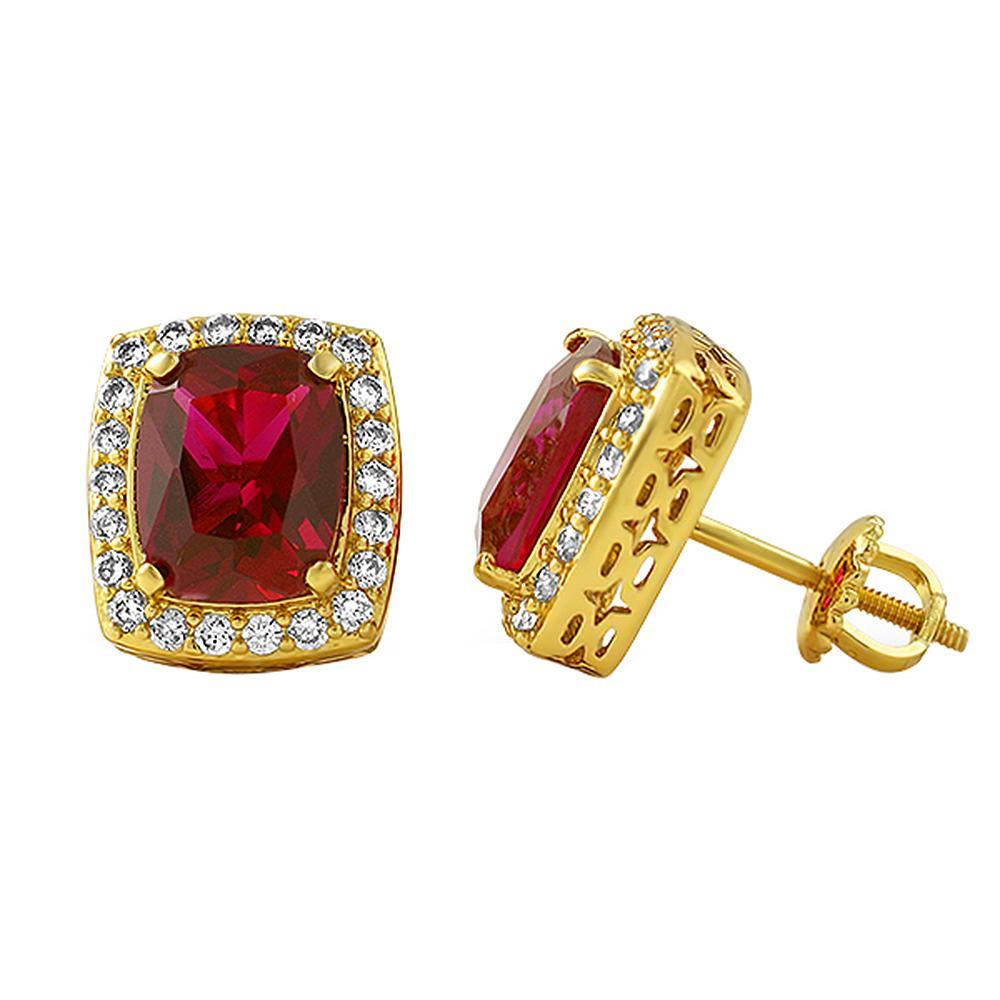 Rick Ross Style Lab Ruby Halo Gold Earrings HipHopBling