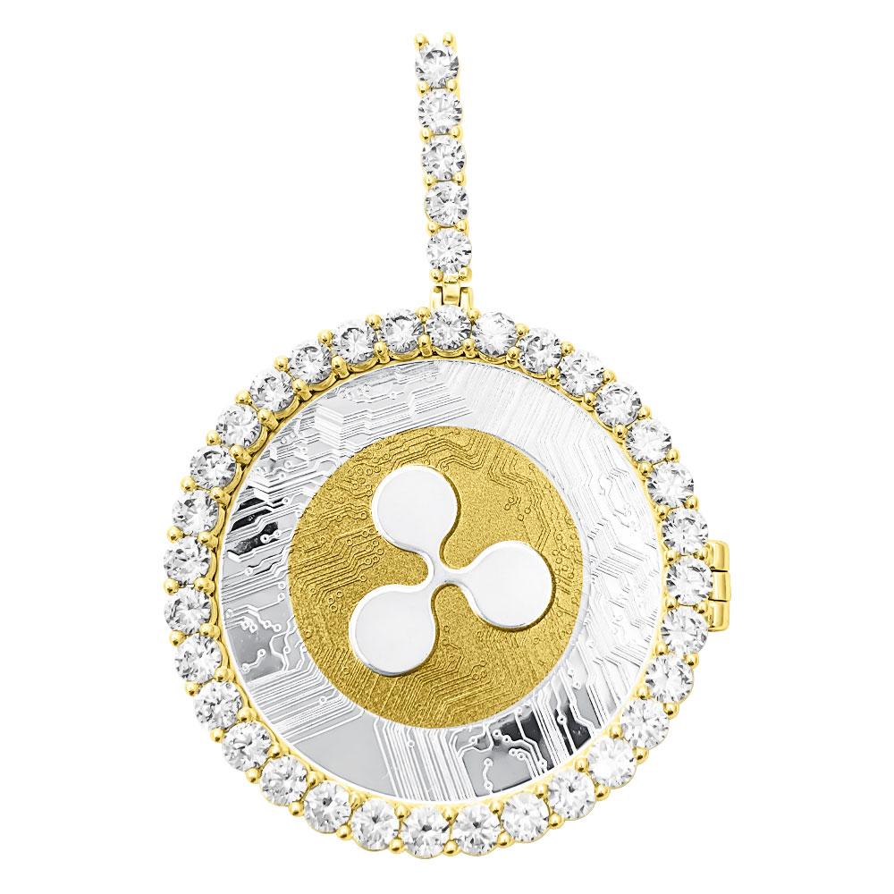 Ripple XRP Coin Iced Out Frame Pendant Yellow Gold Tennis CZ Frame HipHopBling