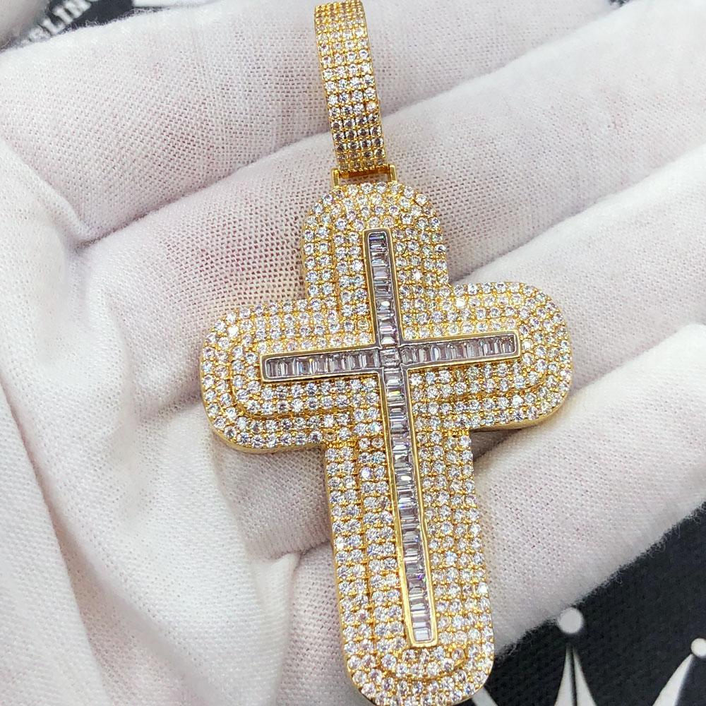 Rounded Layered Cross Baguette CZ Hip Hop Bling Pendant Yellow Gold HipHopBling