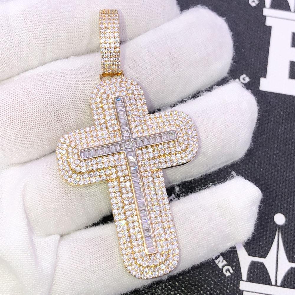 Rounded Layered Cross Baguette CZ Hip Hop Bling Pendant Yellow Gold HipHopBling