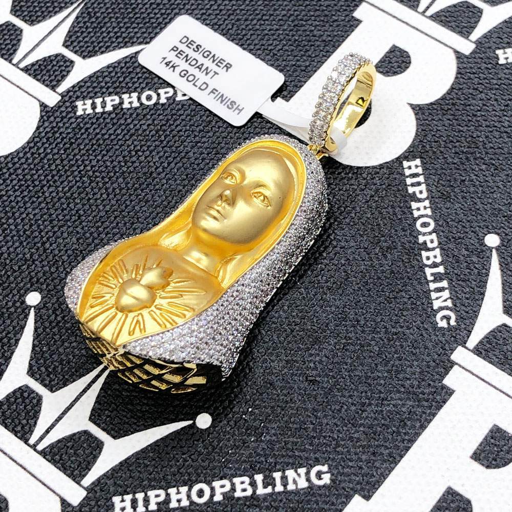 Sacred Heart of Mary CZ Hip Hop Bling Bling Pendant Yellow Gold HipHopBling
