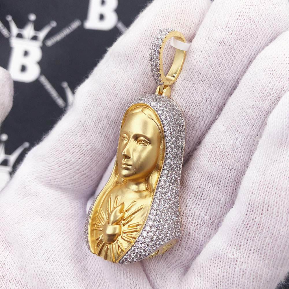 Sacred Heart of Mary CZ Hip Hop Bling Bling Pendant Yellow Gold HipHopBling
