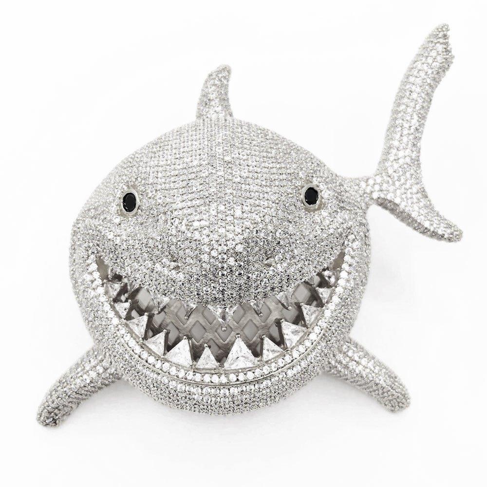 Shark Face XL 3D Iced Out Bling Bling Pendant White Gold HipHopBling