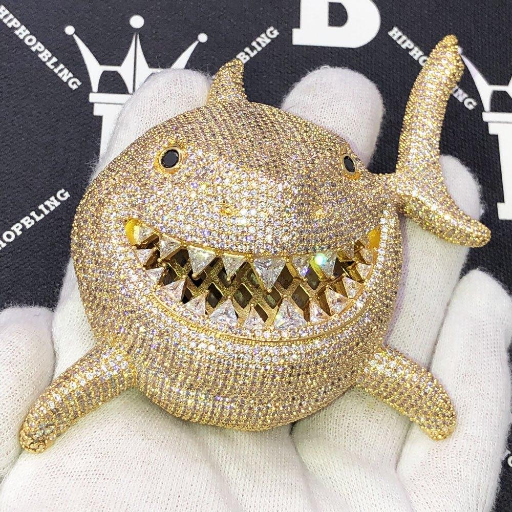 Shark Face XL 3D Iced Out Bling Bling Pendant Yellow Gold HipHopBling