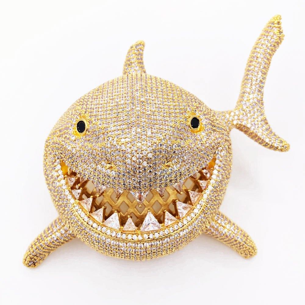 Shark Face XL 3D Iced Out Bling Bling Pendant Yellow Gold HipHopBling