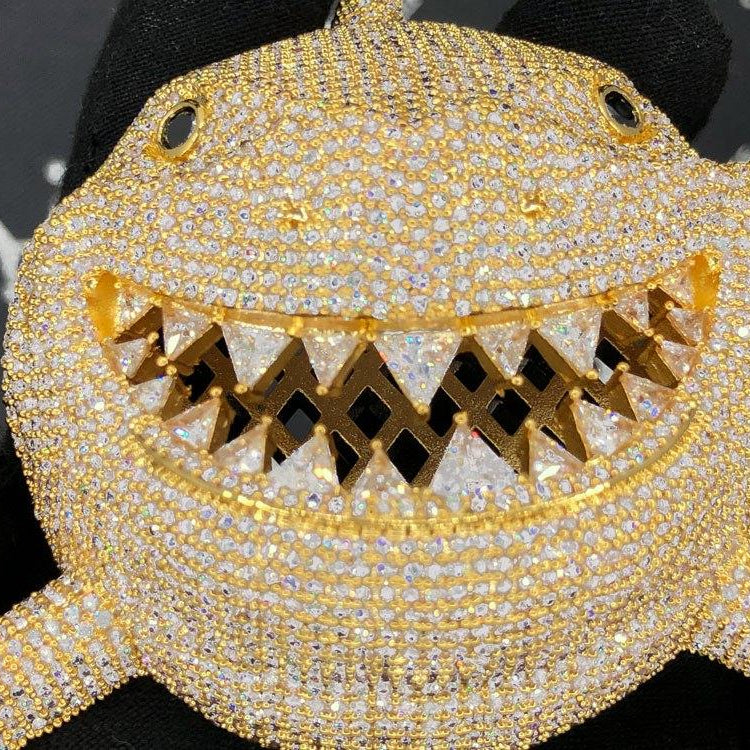 Shark Face XL 3D Iced Out Bling Bling Pendant Yellow Gold HipHopBling