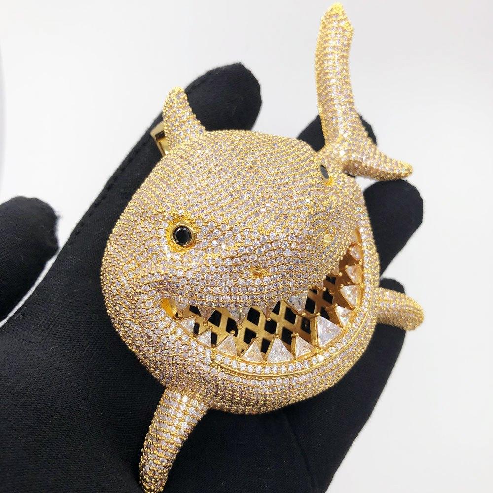 Shark Face XL 3D Iced Out Bling Bling Pendant Yellow Gold HipHopBling