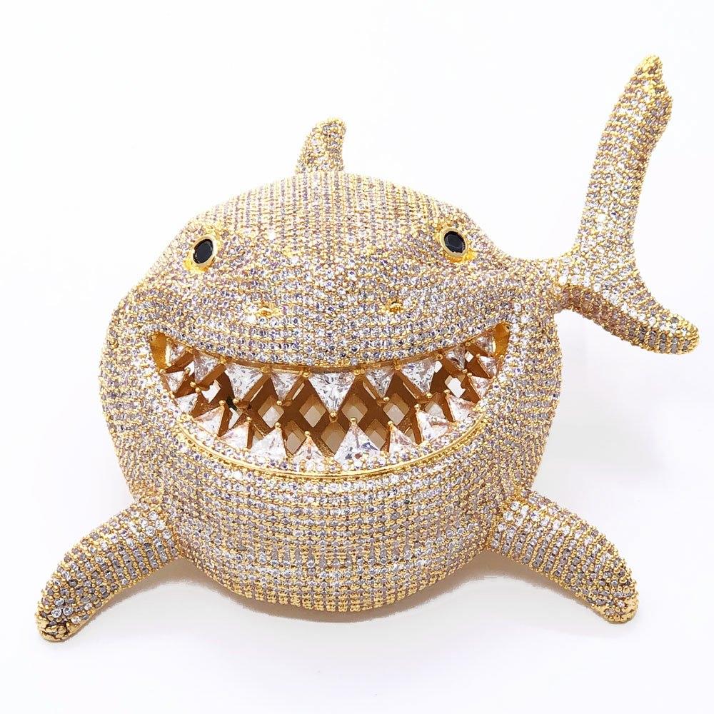 Shark Face XL 3D Iced Out Bling Bling Pendant Yellow Gold HipHopBling
