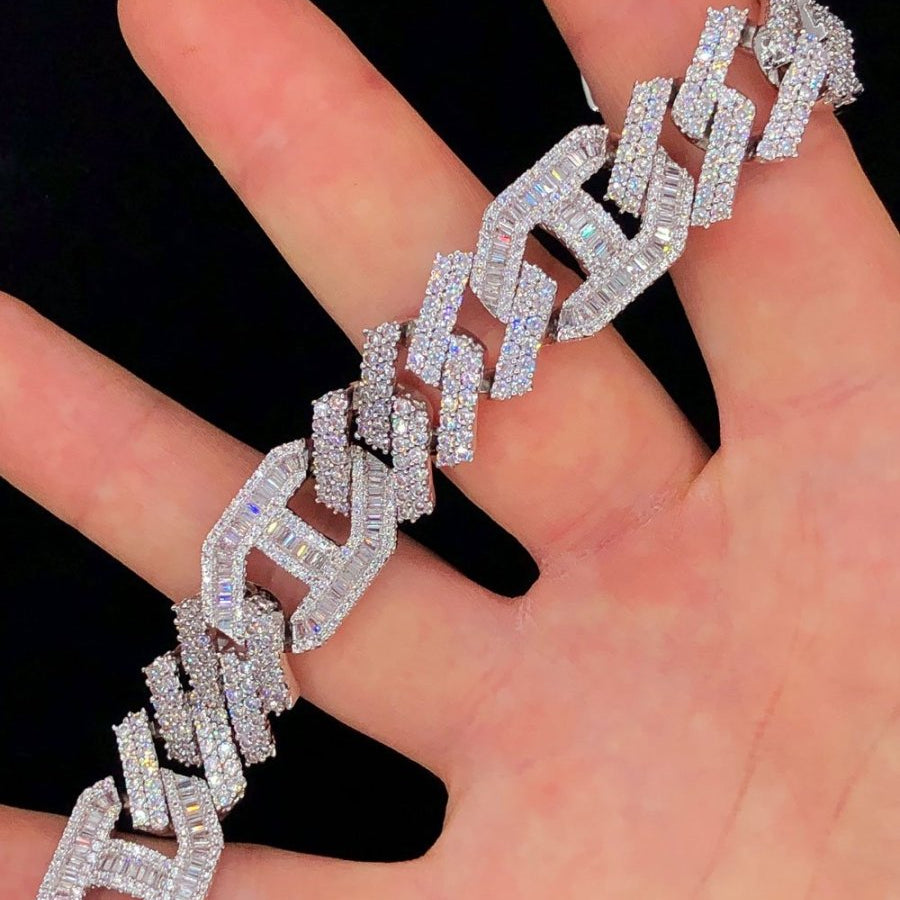 Sharp Baguette Mariner Figaro Iced Out Hip Hop Bracelet White Gold 8" HipHopBling