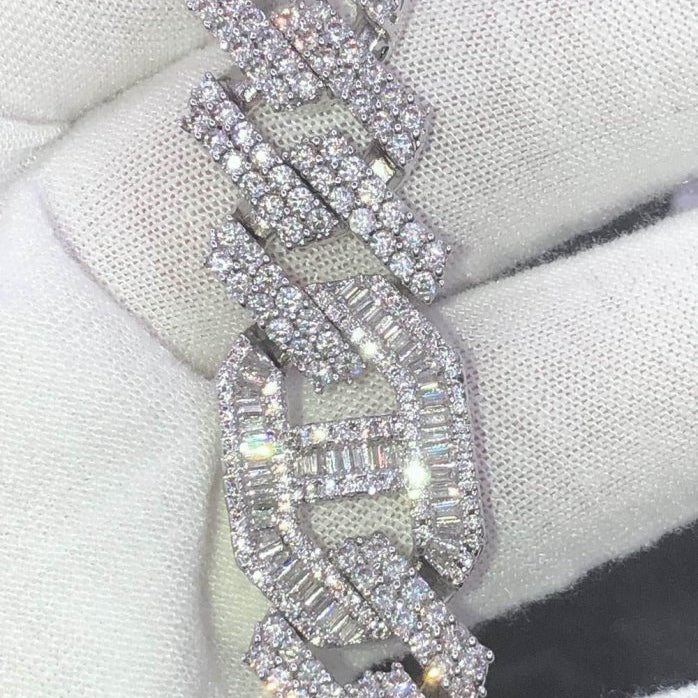 Sharp Baguette Mariner Figaro Iced Out Hip Hop Bracelet White Gold 8" HipHopBling