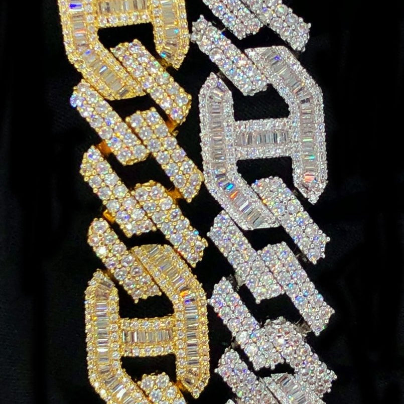 Sharp Baguette Mariner Figaro Iced Out Hip Hop Bracelet White Gold 8" HipHopBling