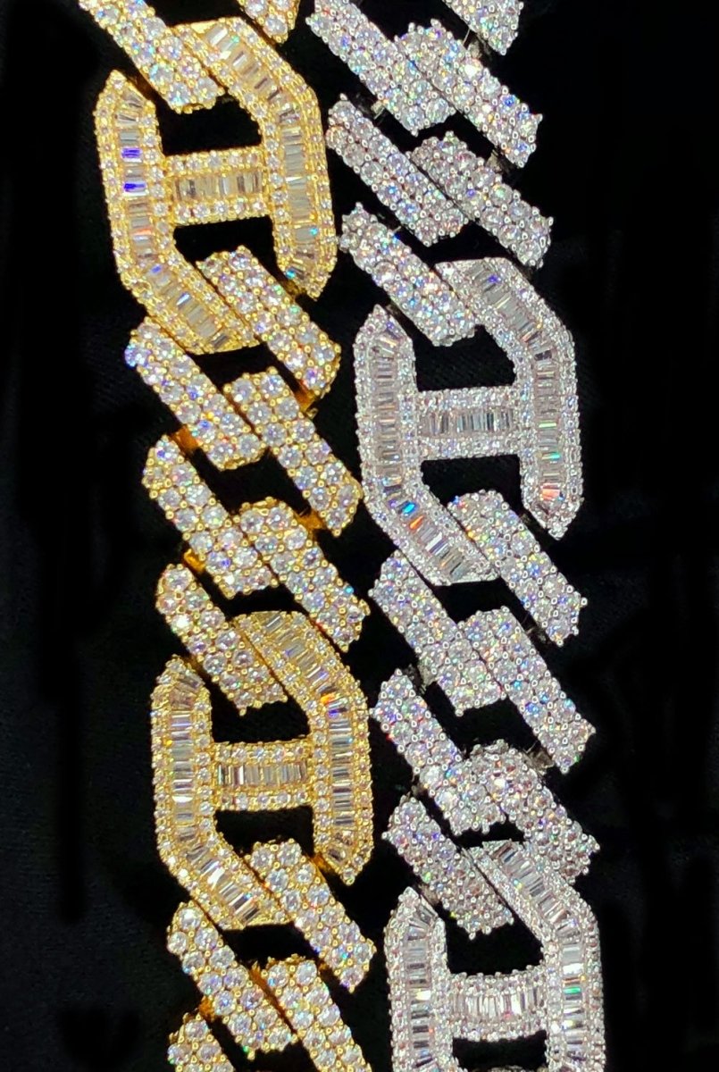 Sharp Baguette Mariner Figaro Iced Out Hip Hop Bracelet White Gold 8" HipHopBling