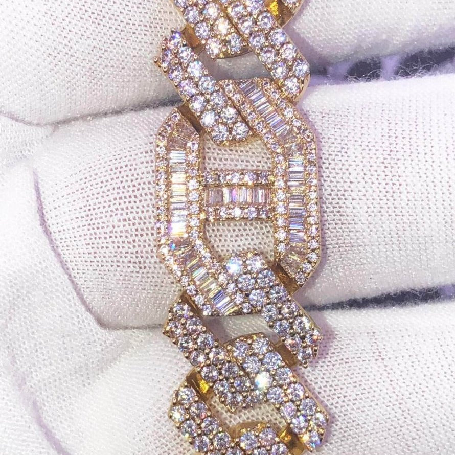 Sharp Baguette Mariner Figaro Iced Out Hip Hop Bracelet Yellow Gold 8" HipHopBling