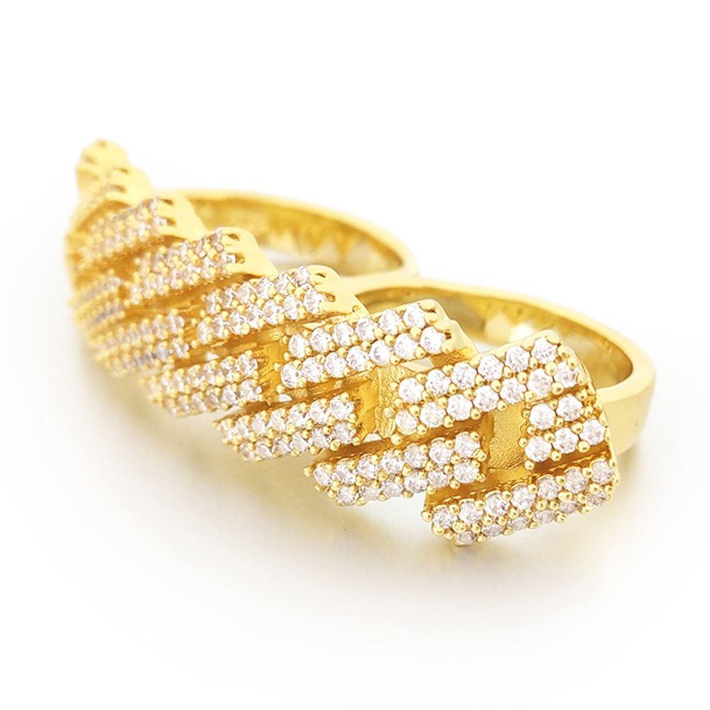 Sharp Cuban Bling Bling 2 Finger Ring White Gold One Size HipHopBling