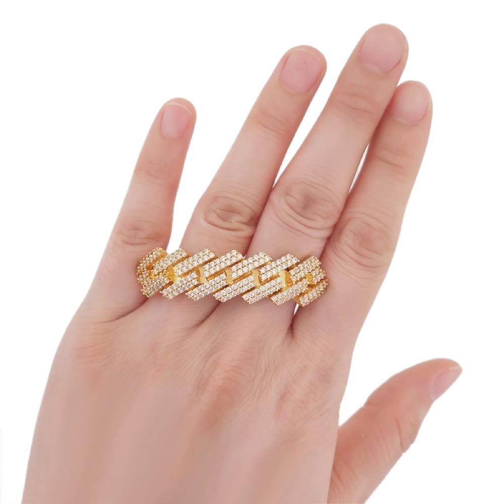Sharp Cuban Bling Bling 2 Finger Ring Yellow Gold One Size HipHopBling