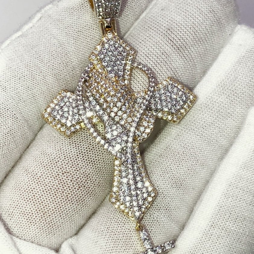 Sharp Prayer Dangling Cross VVS CZ Hip Hop Iced Out Pendant Yellow Gold HipHopBling