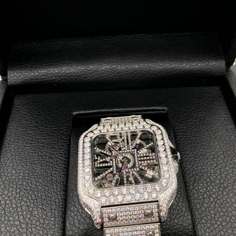 Skeleton Iced Out Baller Square CZ Bust Down Watch White Gold HipHopBling