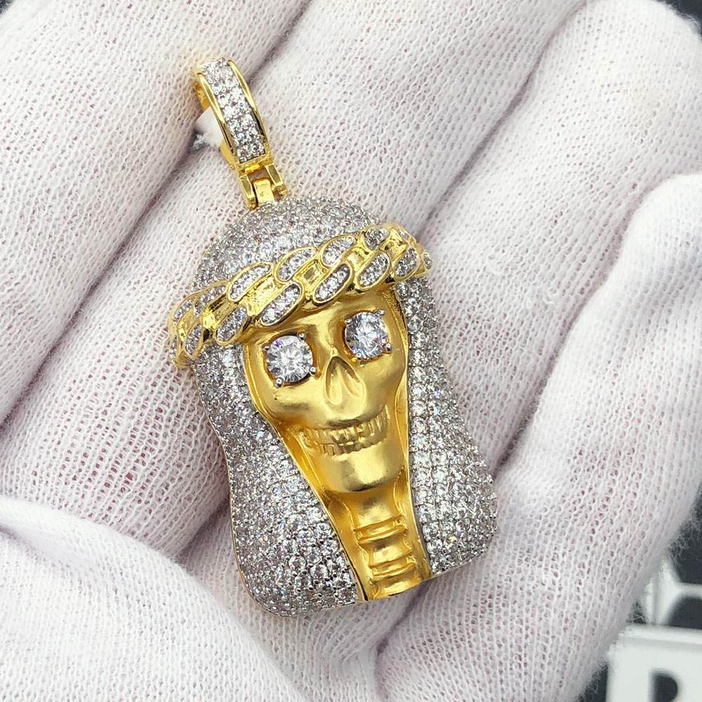 Skeleton Jesus Piece CZ Hip Hop Bling Bling Pendant Yellow Gold HipHopBling