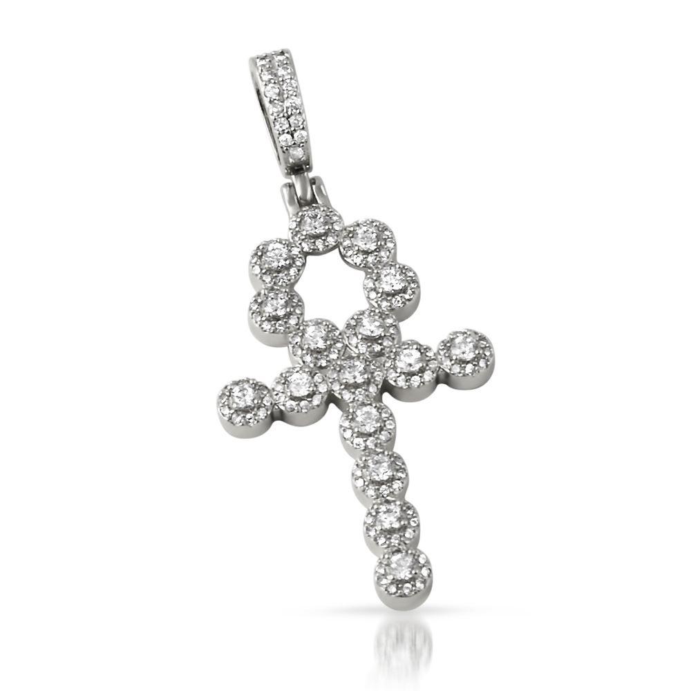 Skinny Cluster Ankh Cross CZ Bling Bling Pendant in Rhodium HipHopBling
